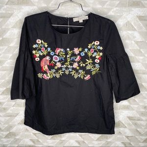 Loft black embroidered bellsleeve blouse